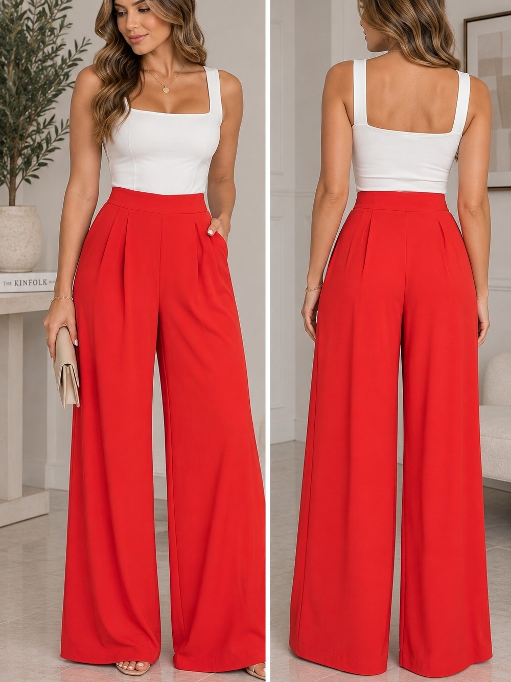 Timing Red Wide-Leg High-Waist Pleated Pants